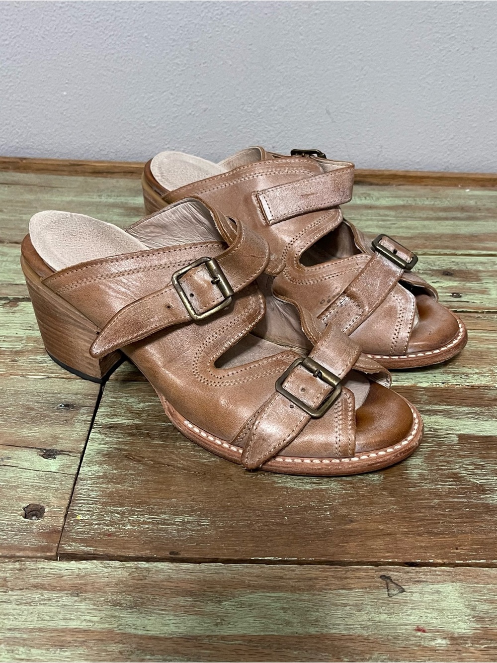 Freebird Caprice Chunky Heeled Sandals Brown Leather Distressed Womens 10